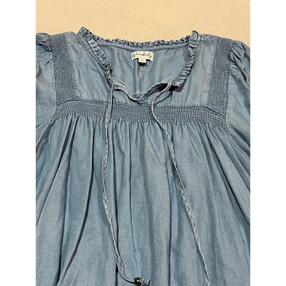 Wonderly Women's XL Blue Denim Tunic Ruffle Smocked Boho Peasant 3/4 Sleeve - Picture 3 of 6